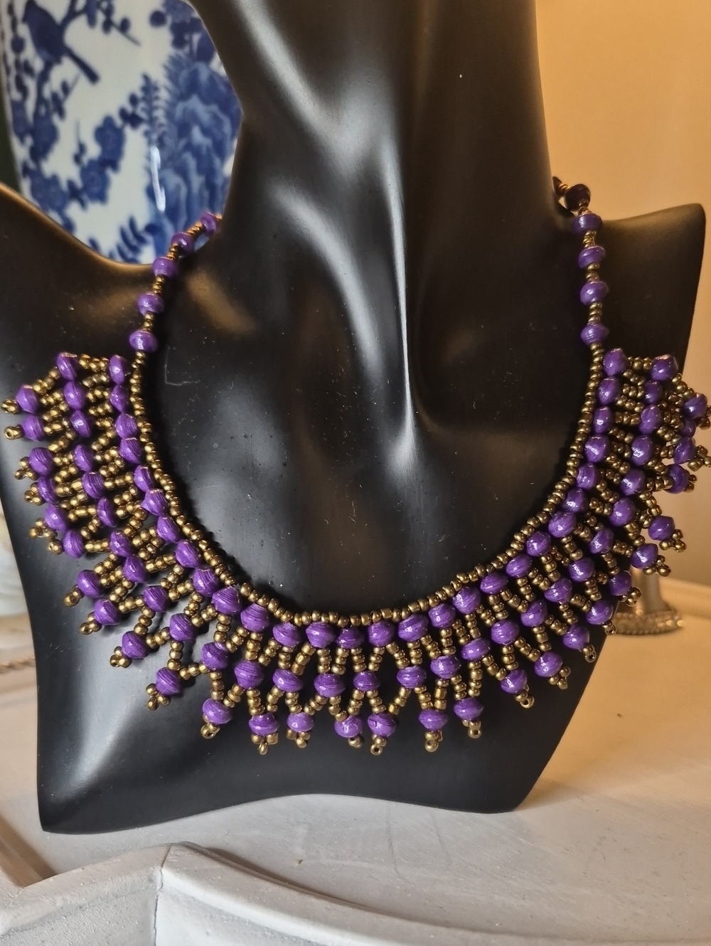 Handcrafted Boho Purple Multi-Tiered Gold Seed Bead Fringe Bib Choker Necklace